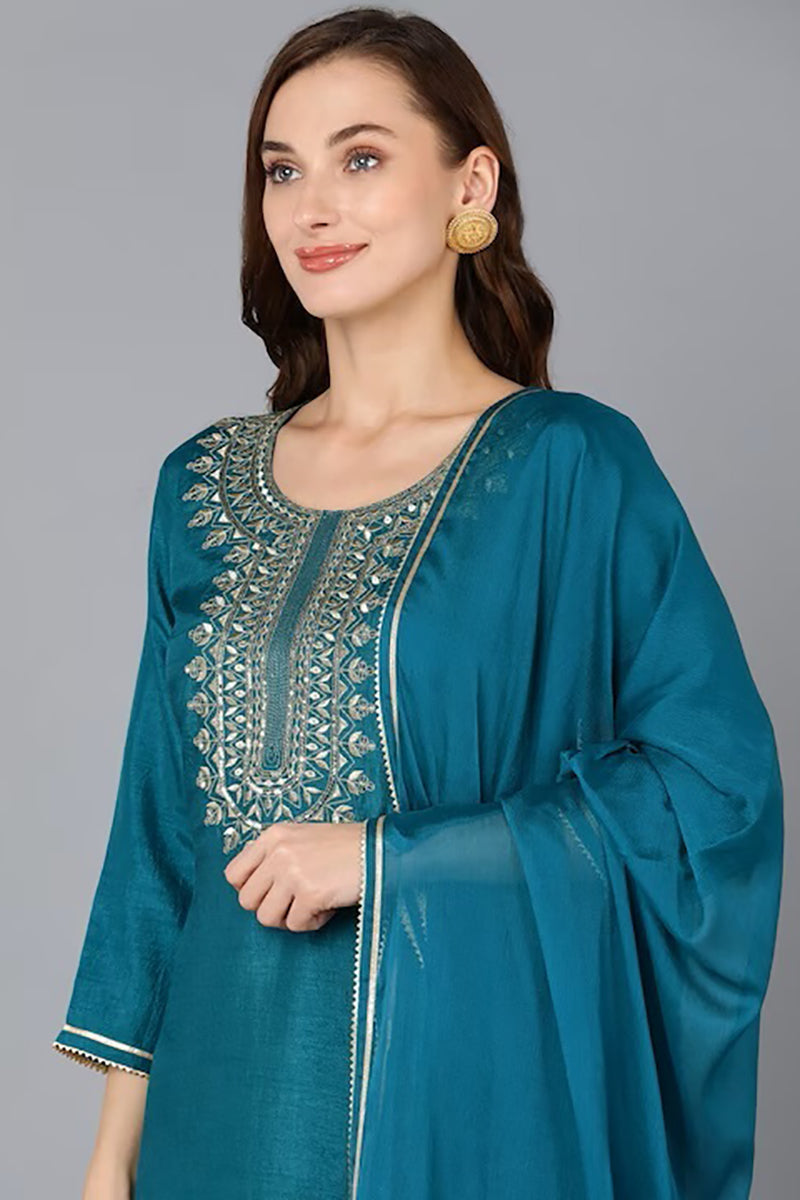 Teal Silk Blend Solid Straight Suit Set PKSKD1810