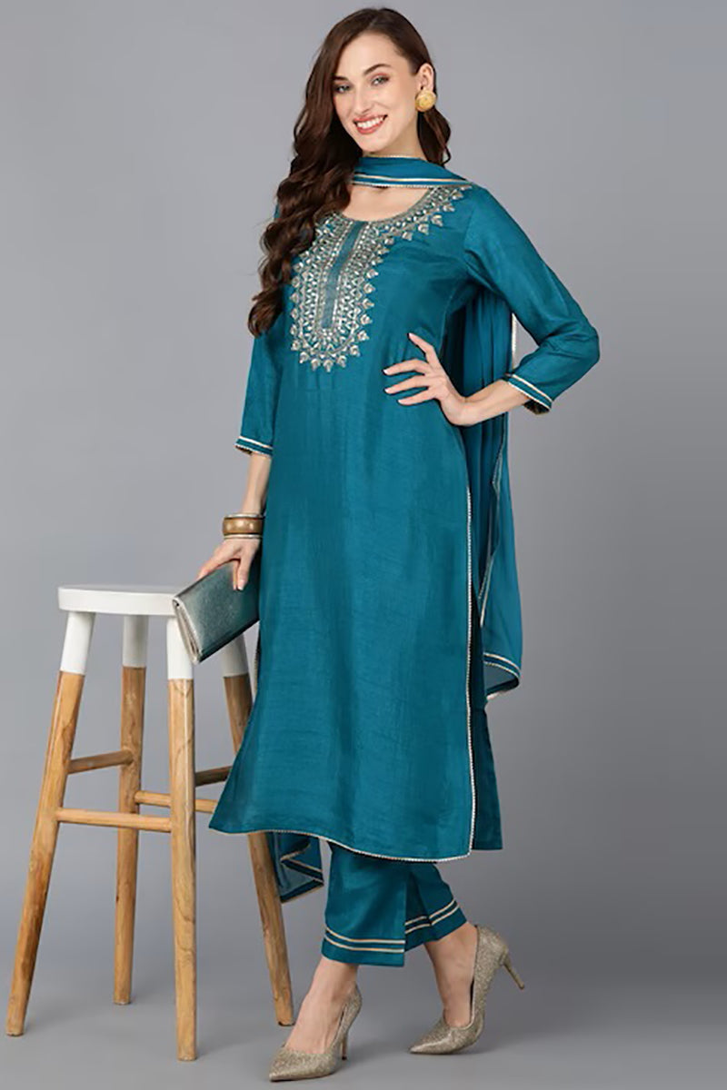 Teal Silk Blend Solid Straight Suit Set PKSKD1810