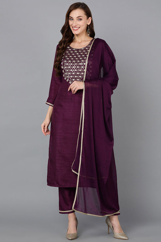 Silk Blend Purple Embroidered Straight Kurta Pant With Dupatta PKSKD1812