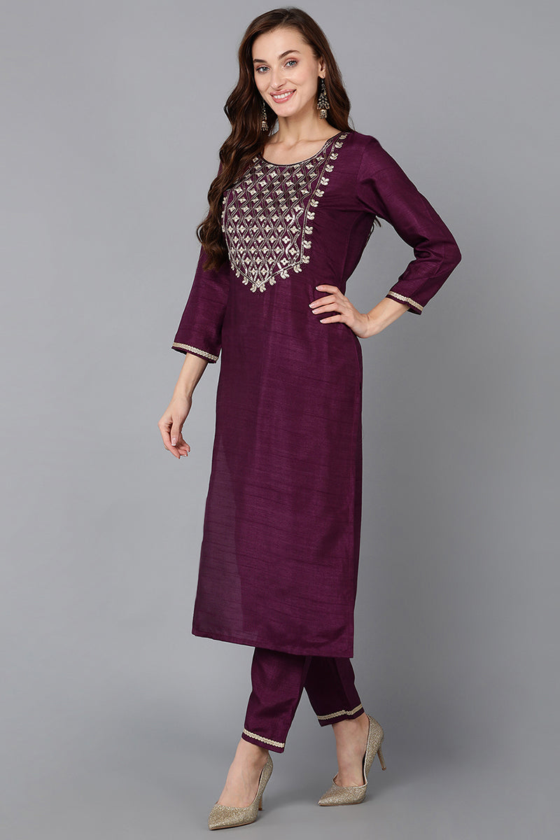 Silk Blend Purple Embroidered Straight Kurta Pant With Dupatta PKSKD1812