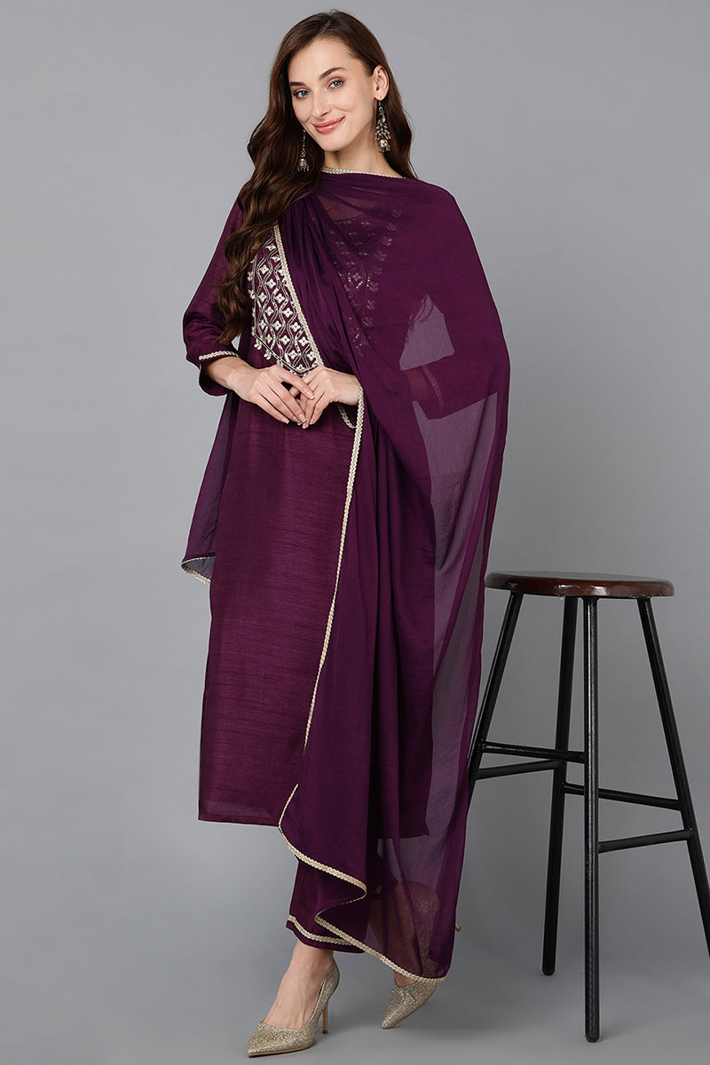 Silk Blend Purple Embroidered Straight Kurta Pant With Dupatta PKSKD1812