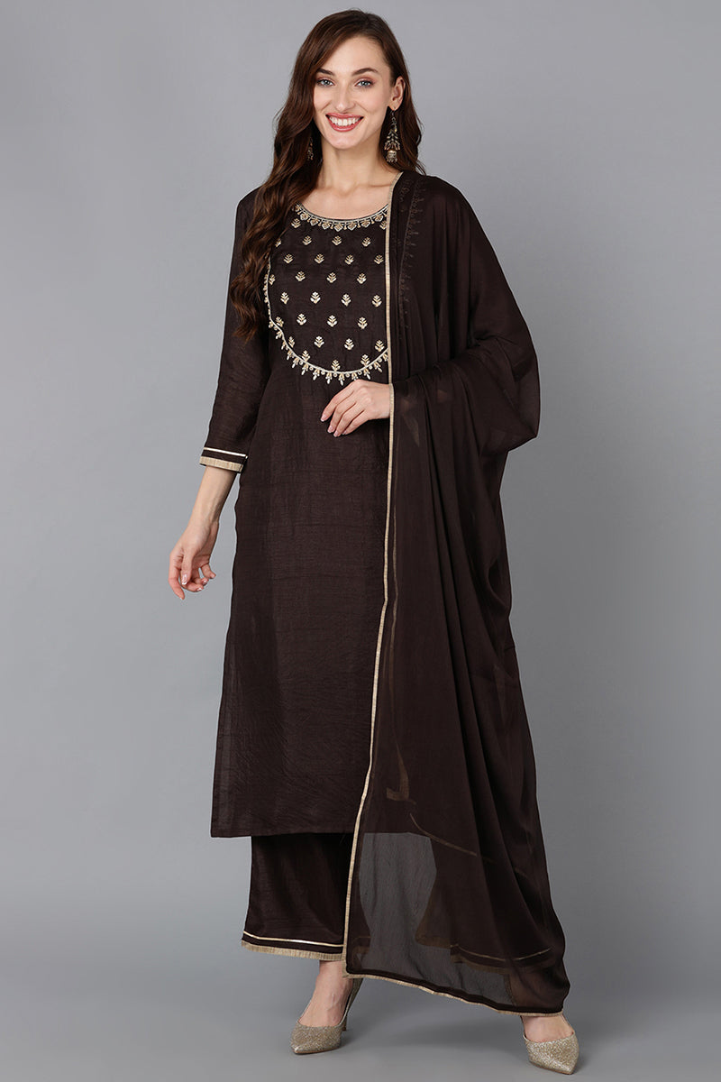 Silk Blend Black Embroidered Straight Kurta Pant With Dupatta PKSKD1814