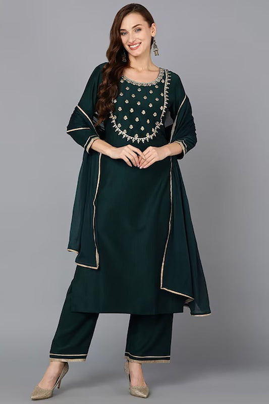 Green Silk Blend Solid Straight Suit Set PKSKD1815