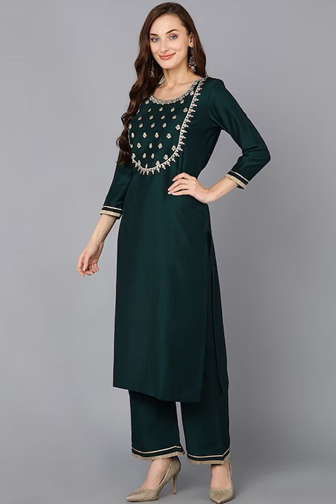 Green Silk Blend Solid Straight Suit Set PKSKD1815