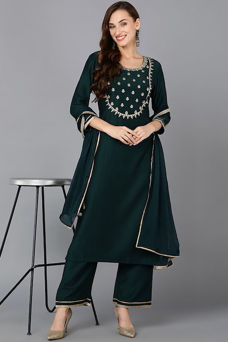 Green Silk Blend Solid Straight Suit Set PKSKD1815