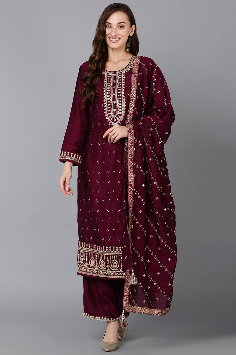 Silk Blend Wine Embroidered Straight Kurta Pant With Dupatta PKSKD1816