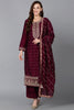 Silk Blend Wine Embroidered Straight Kurta Pant With Dupatta PKSKD1816