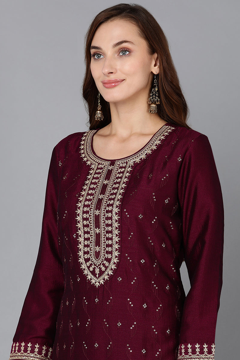 Silk Blend Wine Embroidered Straight Kurta Pant With Dupatta PKSKD1816