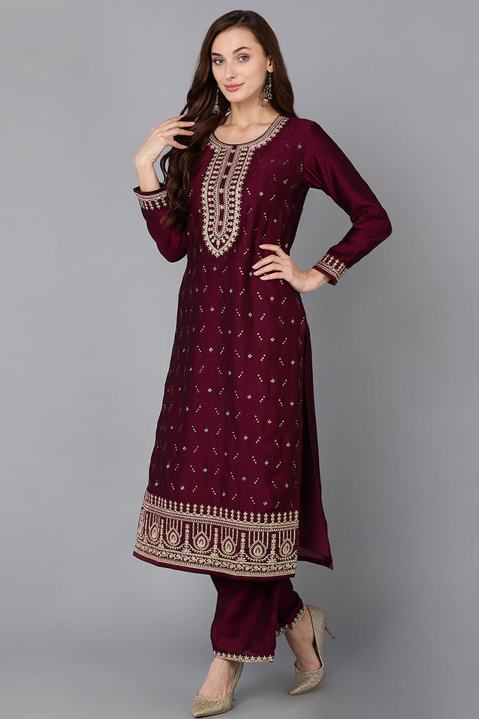 Silk Blend Wine Embroidered Straight Kurta Pant With Dupatta PKSKD1816