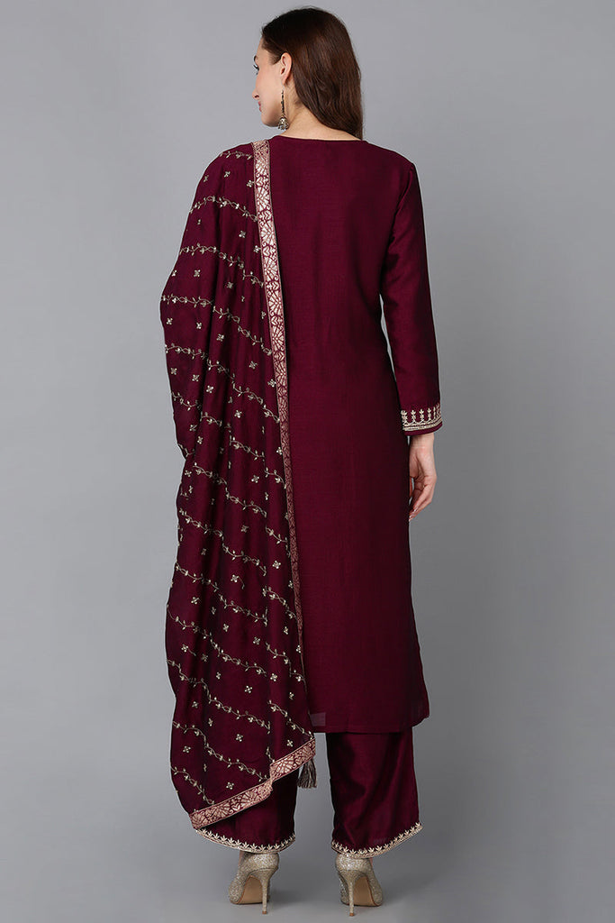 Silk Blend Wine Embroidered Straight Kurta Pant With Dupatta PKSKD1816