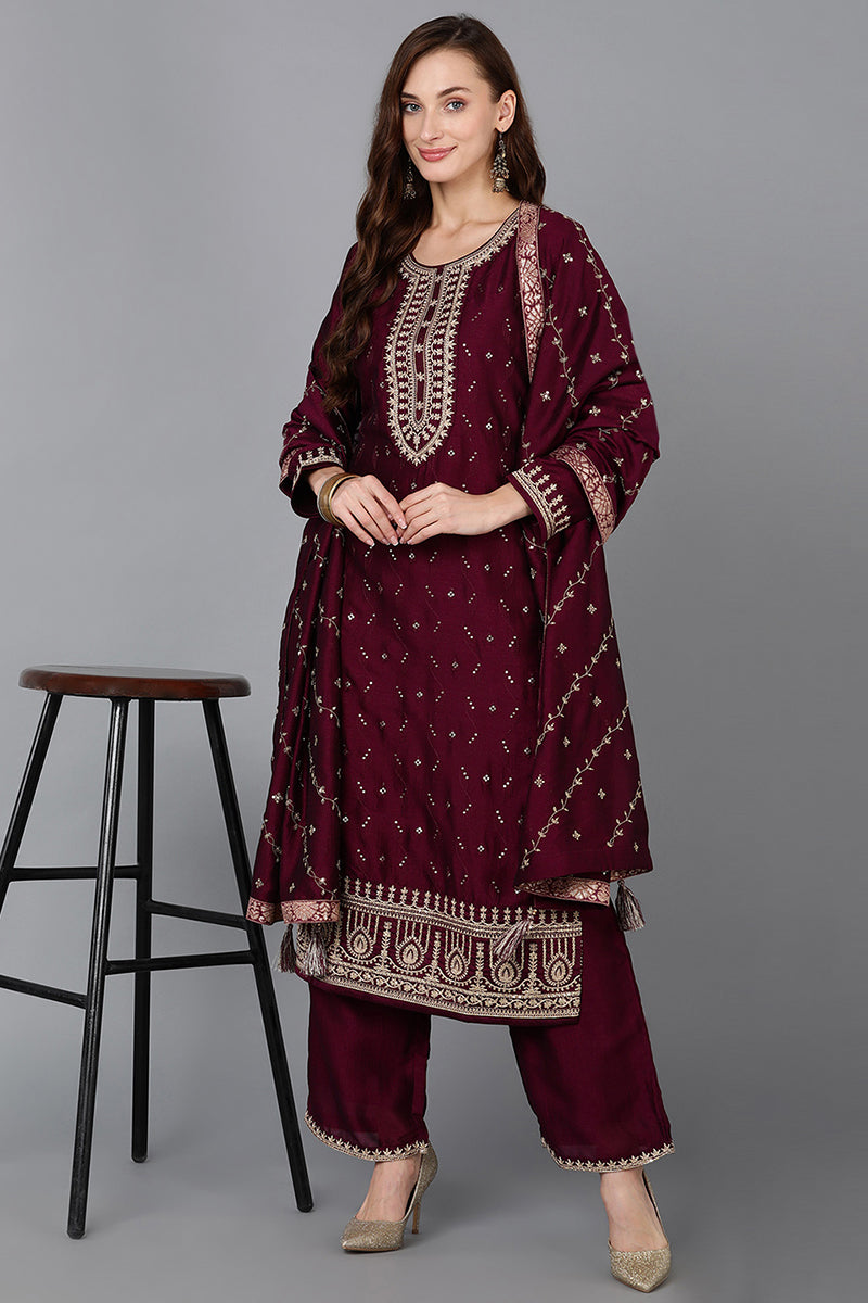 Silk Blend Wine Embroidered Straight Kurta Pant With Dupatta PKSKD1816