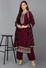 Silk Blend Wine Embroidered Straight Kurta Pant With Dupatta PKSKD1816