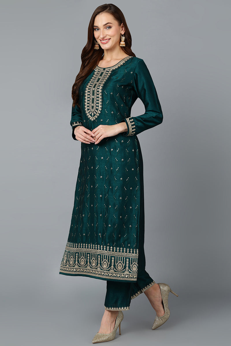 Green Silk Blend Embroidered Straight Suit Set PKSKD1818