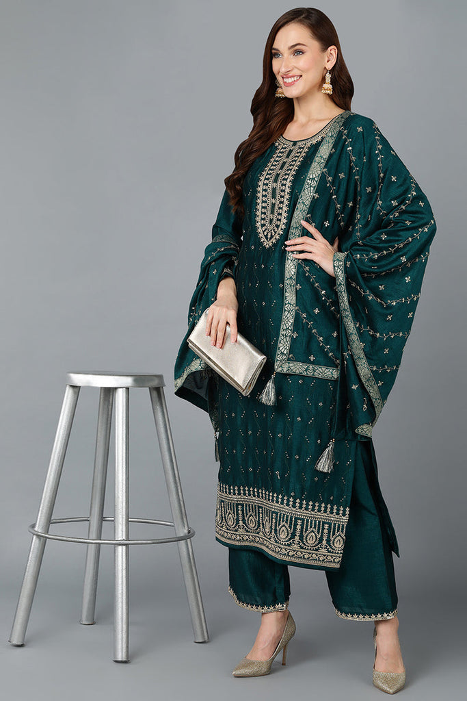 Green Silk Blend Embroidered Straight Suit Set PKSKD1818