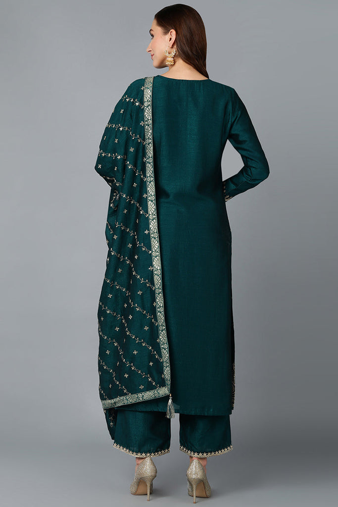 Green Silk Blend Embroidered Straight Suit Set PKSKD1818