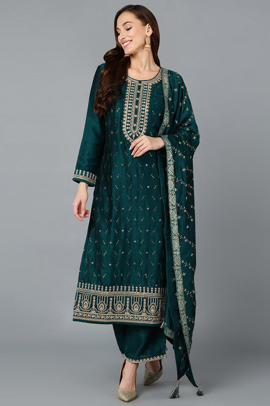 Green Silk Blend Embroidered Straight Suit Set PKSKD1818