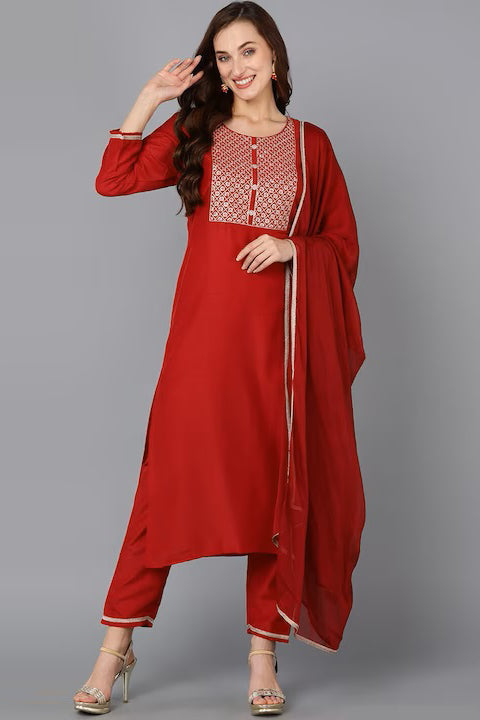 Red Silk Blend Solid Straight Suit Set PKSKD1819