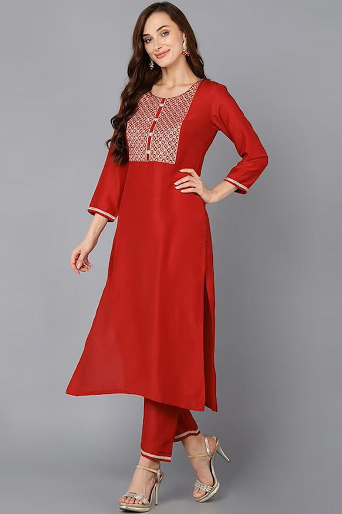 Red Silk Blend Solid Straight Suit Set PKSKD1819