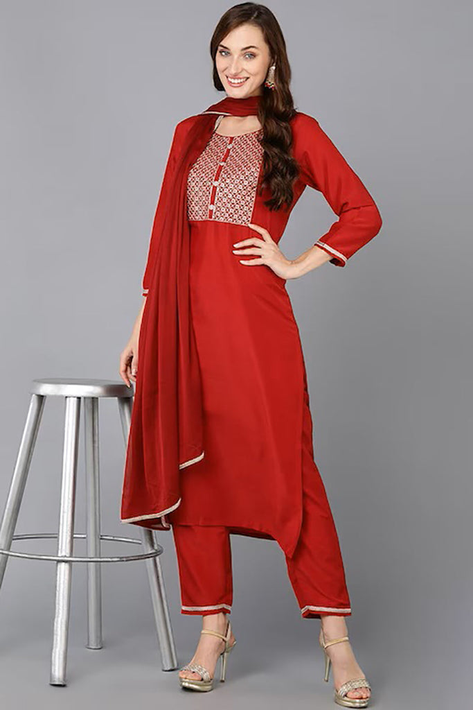 Red Silk Blend Solid Straight Suit Set PKSKD1819