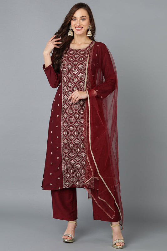 Silk Blend Maroon Embroidered Straight Kurta Pant With Dupatta PKSKD1825