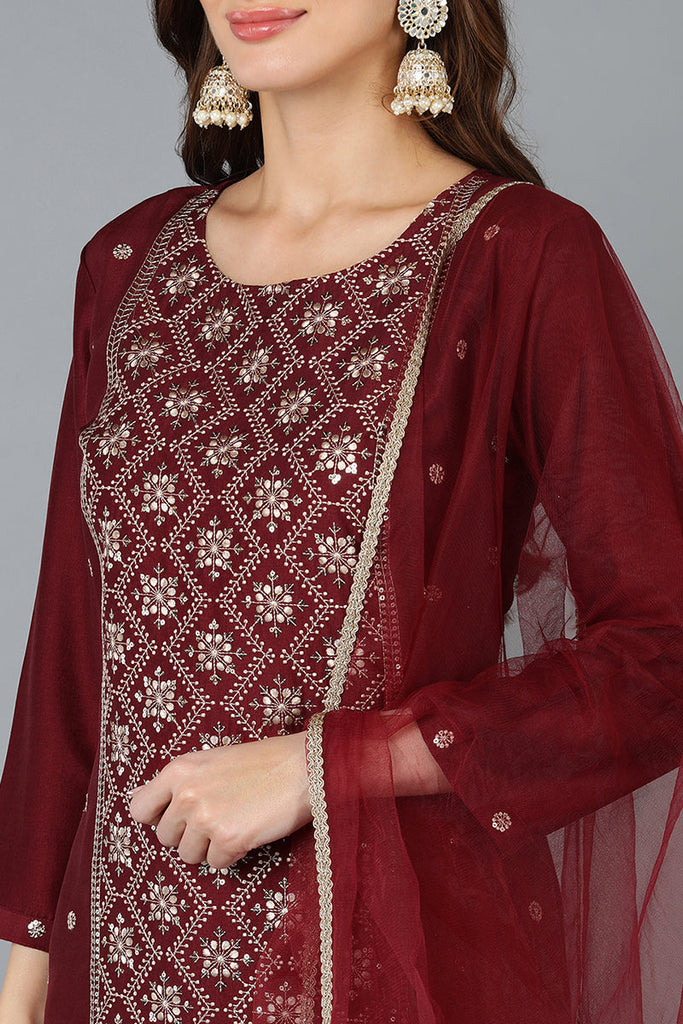 Silk Blend Maroon Embroidered Straight Kurta Pant With Dupatta PKSKD1825