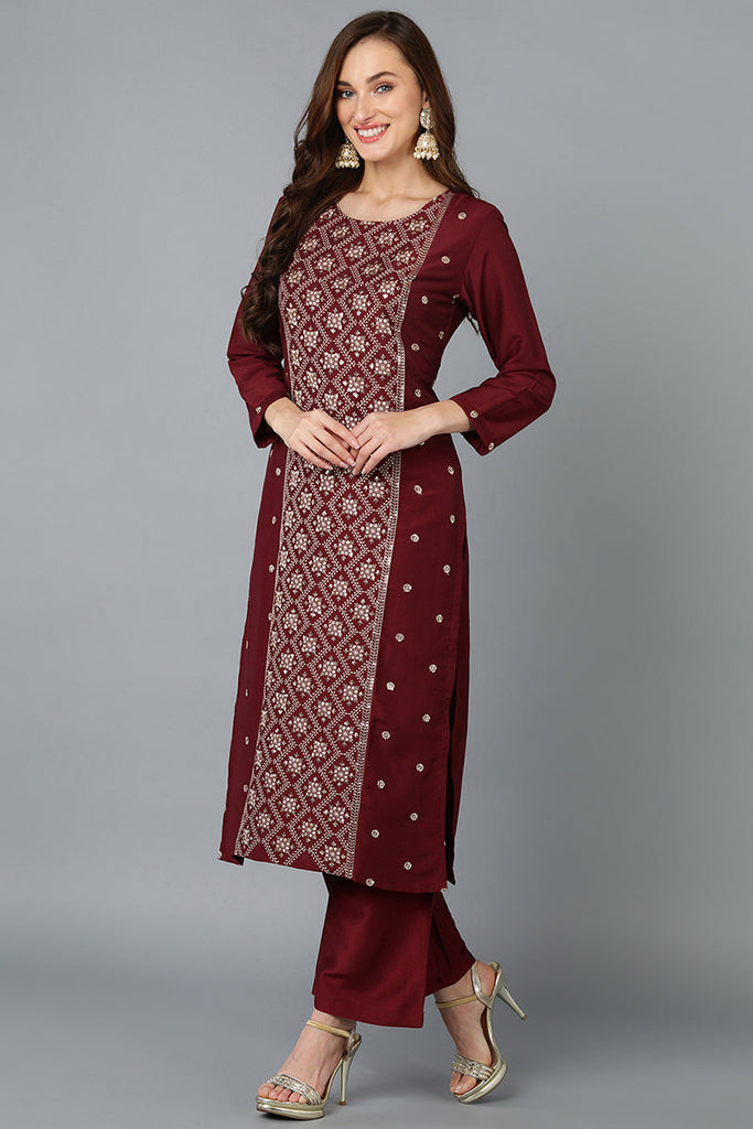 Silk Blend Maroon Embroidered Straight Kurta Pant With Dupatta PKSKD1825