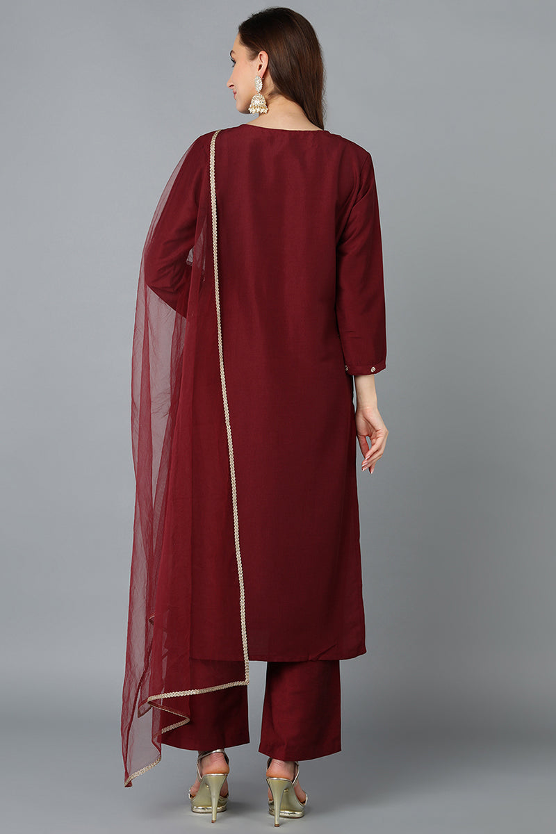 Silk Blend Maroon Embroidered Straight Kurta Pant With Dupatta PKSKD1825