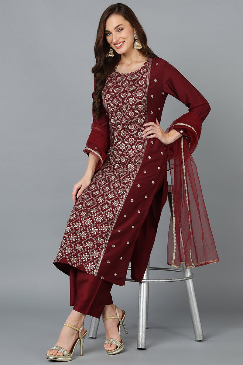 Silk Blend Maroon Embroidered Straight Kurta Pant With Dupatta PKSKD1825