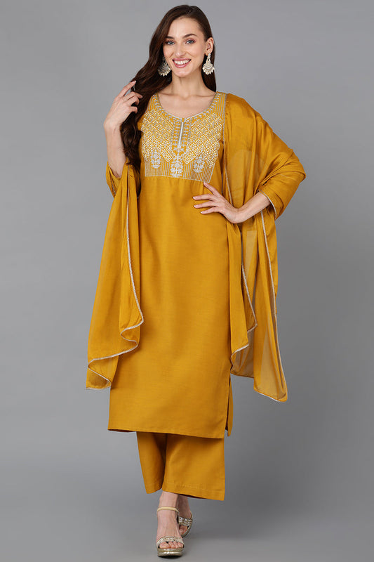 Mustard Silk Blend Straight Kurta Palazzo With Dupatta PKSKD1827