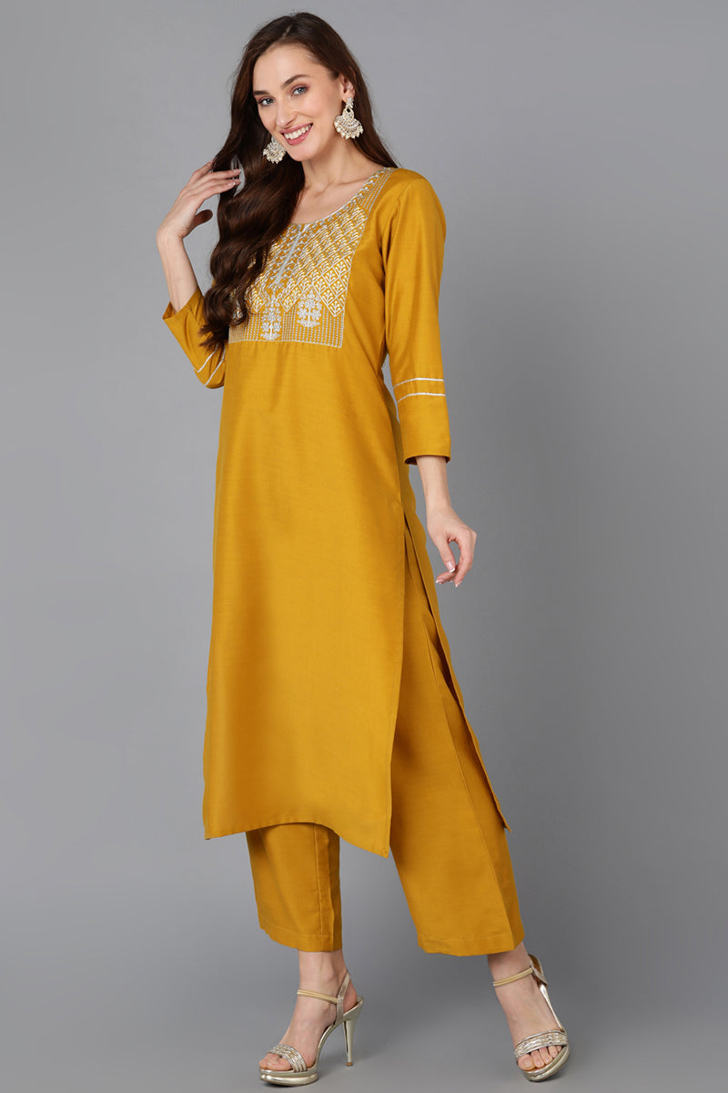 Mustard Silk Blend Straight Kurta Palazzo With Dupatta PKSKD1827