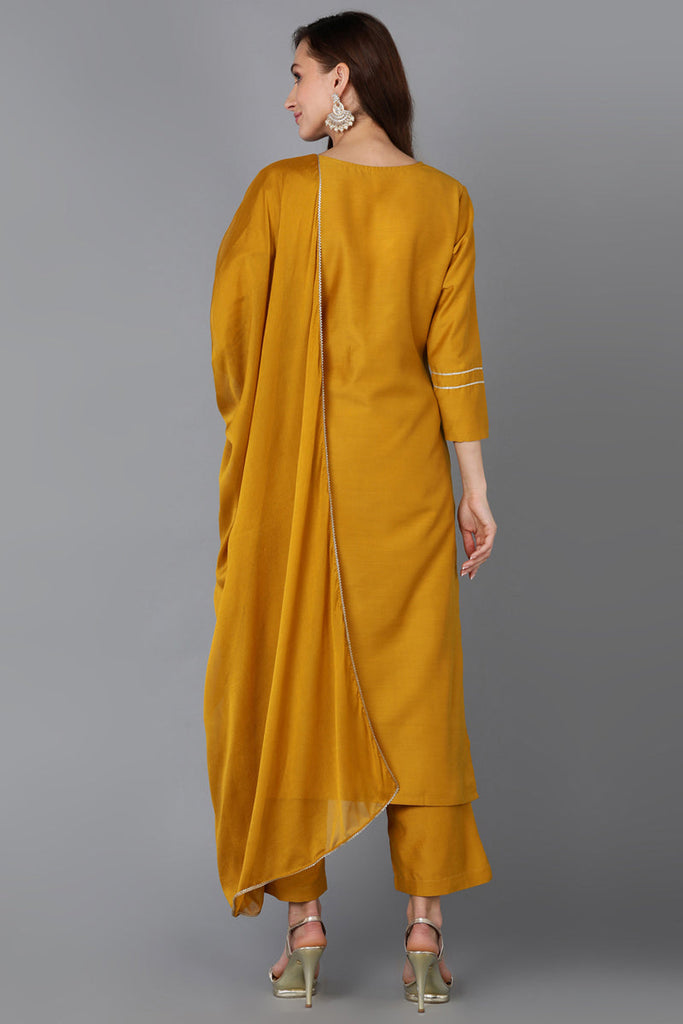 Mustard Silk Blend Straight Kurta Palazzo With Dupatta PKSKD1827