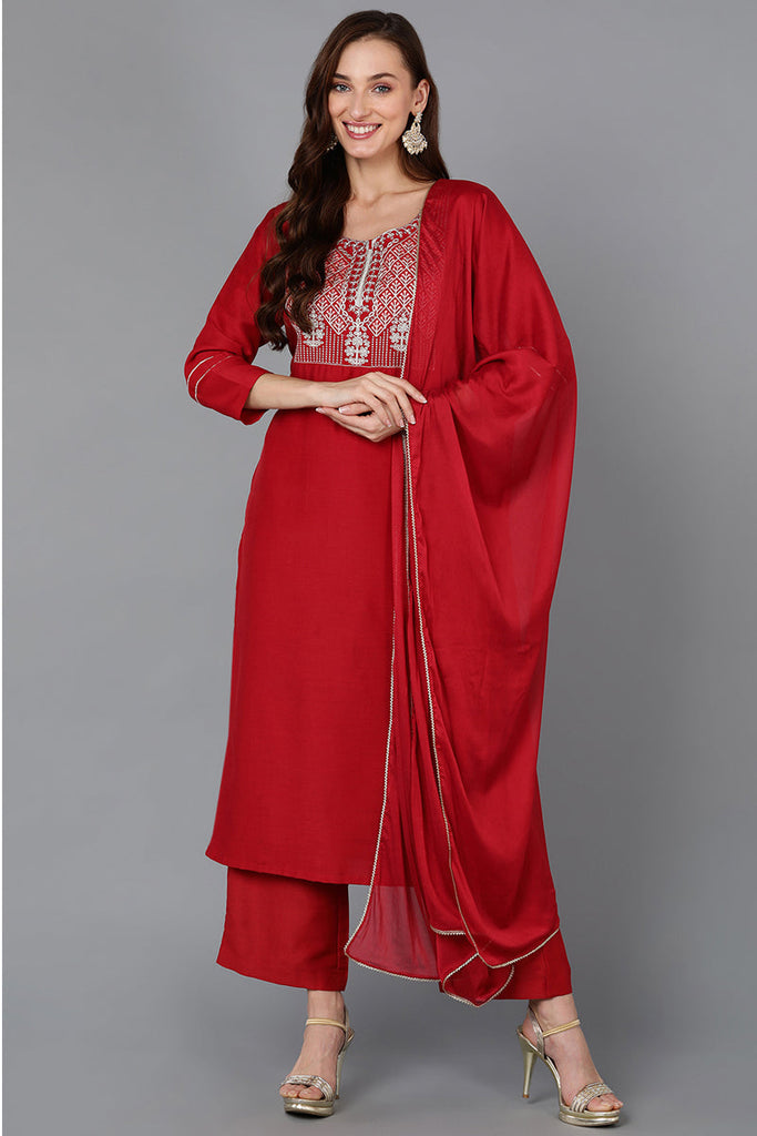 Red Silk Blend Straight Kurta Palazzo With Dupatta PKSKD1828