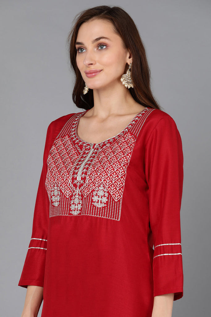 Red Silk Blend Straight Kurta Palazzo With Dupatta PKSKD1828