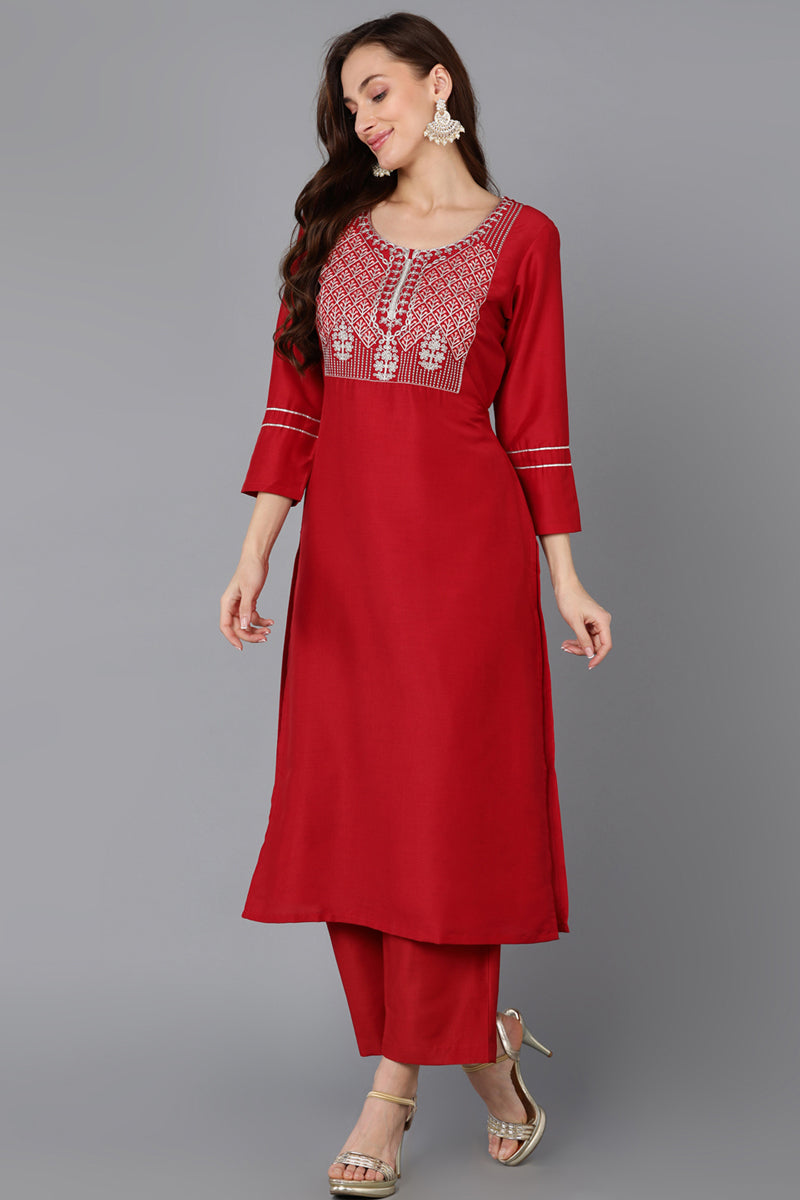 Red Silk Blend Straight Kurta Palazzo With Dupatta PKSKD1828