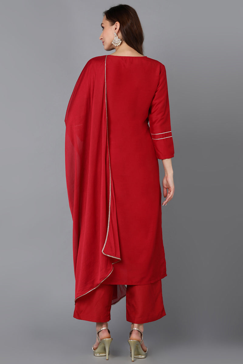 Red Silk Blend Straight Kurta Palazzo With Dupatta PKSKD1828