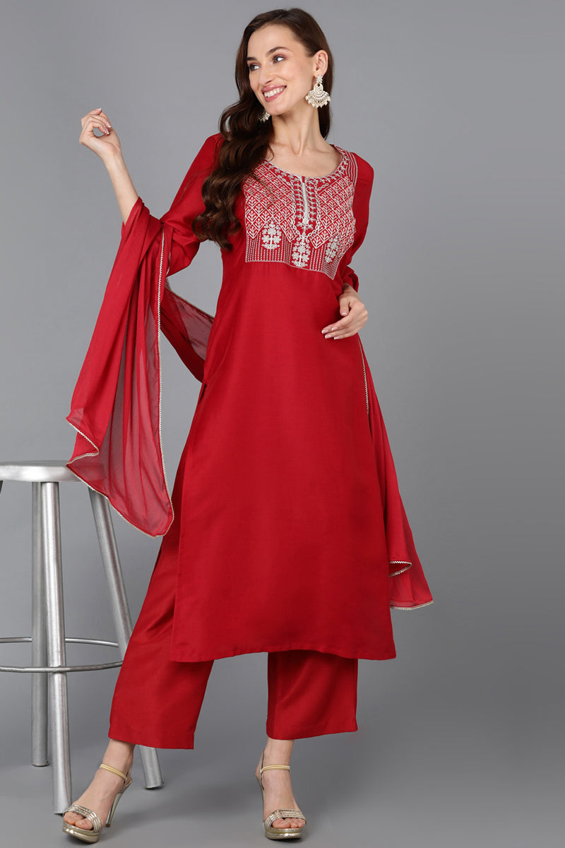 Red Silk Blend Straight Kurta Palazzo With Dupatta PKSKD1828