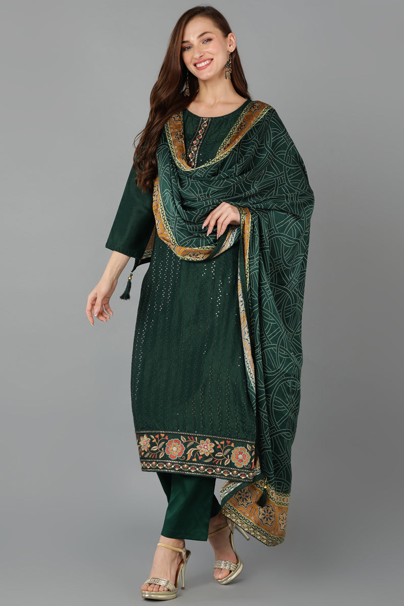 Green Silk Blend Straight Kurta Pant With Dupatta PKSKD1834