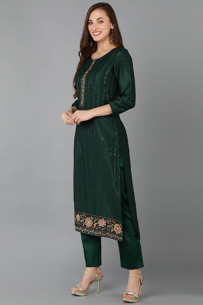 Green Silk Blend Straight Kurta Pant With Dupatta PKSKD1834