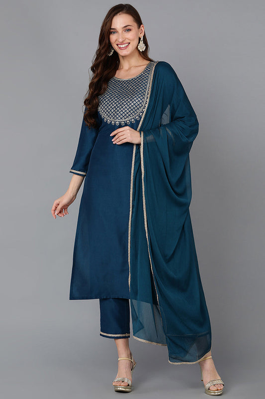 Silk Blend Teal Embroidered Straight Kurta Pant With Dupatta PKSKD1838