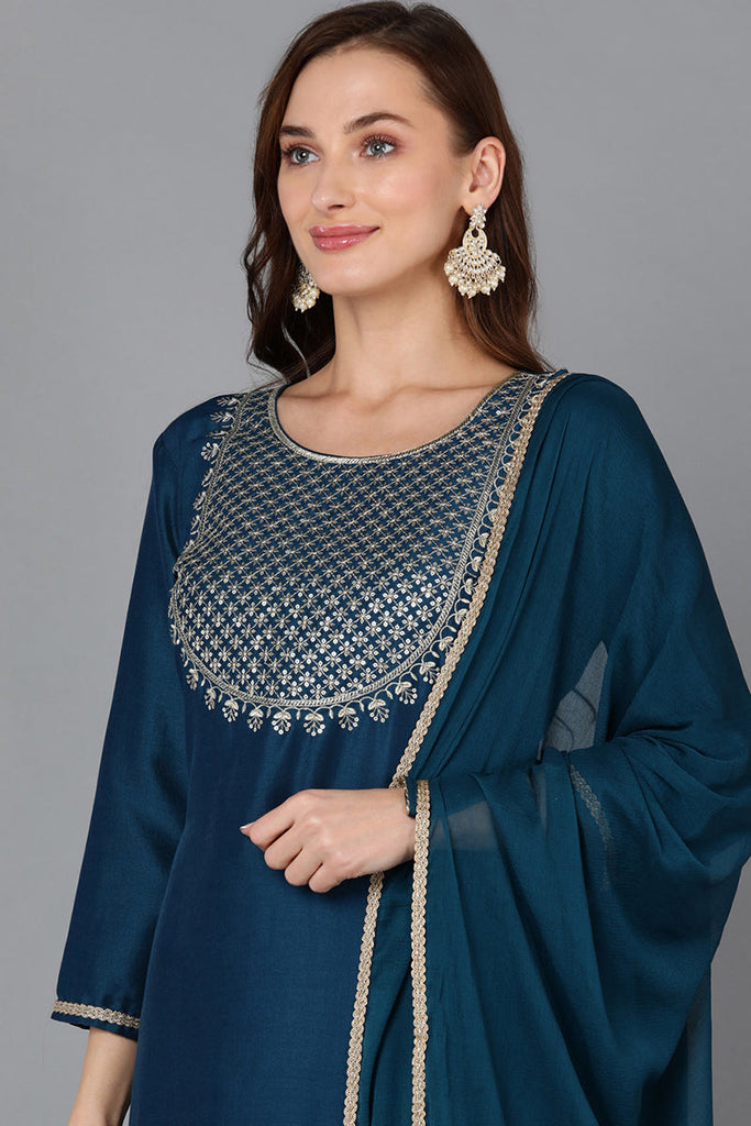 Silk Blend Teal Embroidered Straight Kurta Pant With Dupatta PKSKD1838