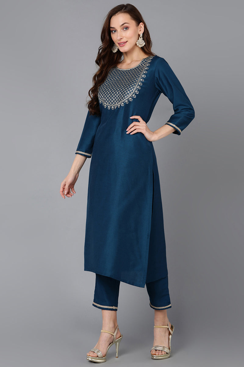 Silk Blend Teal Embroidered Straight Kurta Pant With Dupatta PKSKD1838