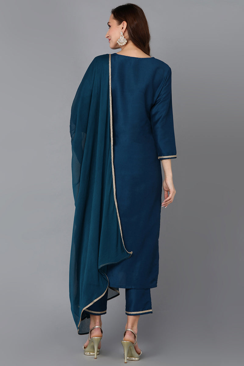 Silk Blend Teal Embroidered Straight Kurta Pant With Dupatta PKSKD1838