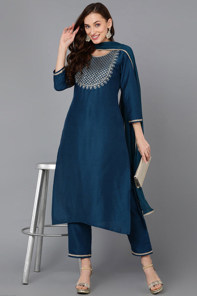 Silk Blend Teal Embroidered Straight Kurta Pant With Dupatta PKSKD1838