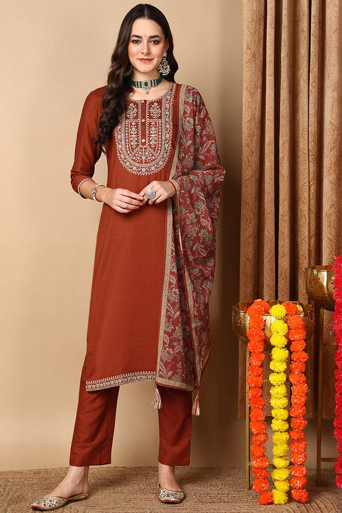 Rust Silk Blend Straight Kurta Pant With Dupatta PKSKD1839