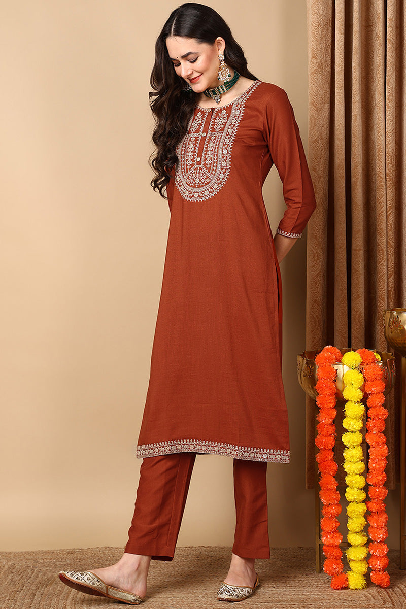 Rust Silk Blend Straight Kurta Pant With Dupatta PKSKD1839