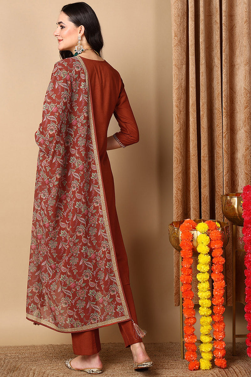 Rust Silk Blend Straight Kurta Pant With Dupatta PKSKD1839