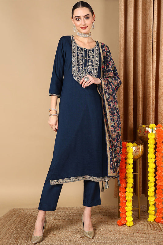 Navy Blue Silk Blend Straight Kurta Pant With Dupatta PKSKD1840