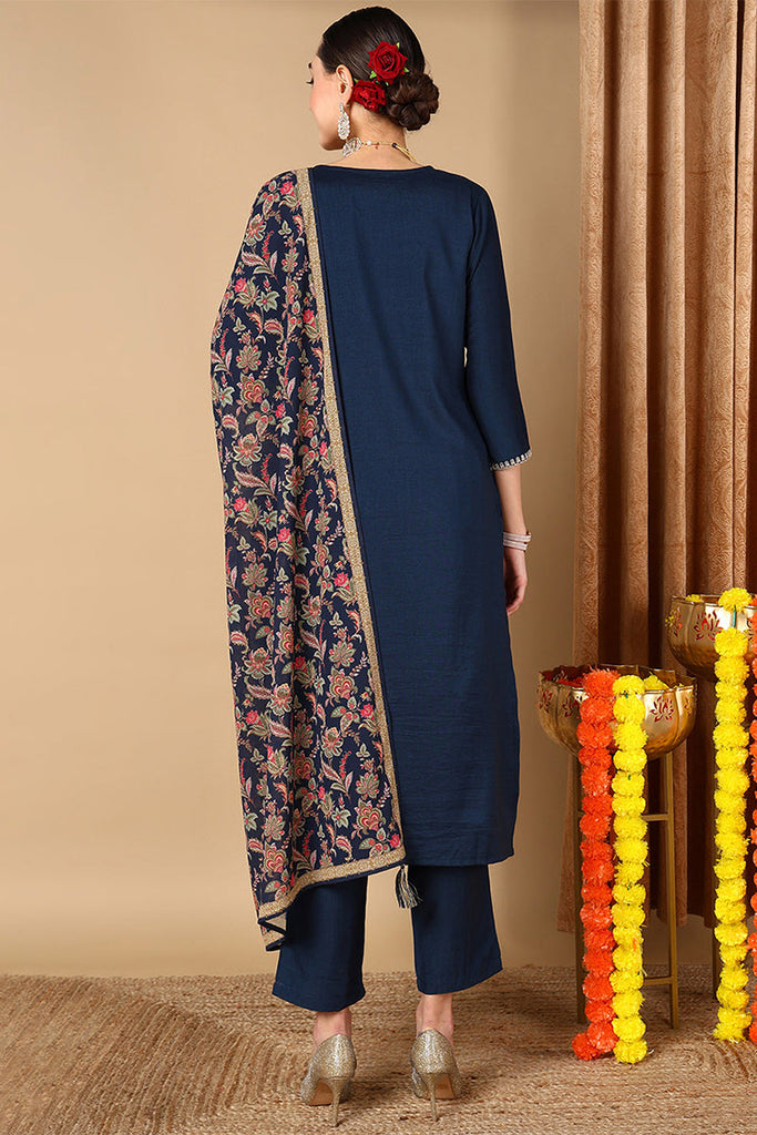 Navy Blue Silk Blend Straight Kurta Pant With Dupatta PKSKD1840