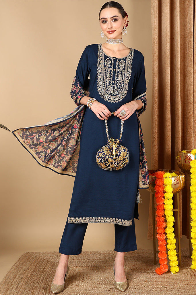 Navy Blue Silk Blend Straight Kurta Pant With Dupatta PKSKD1840