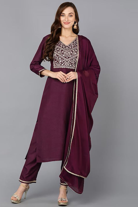 Purple Silk Blend Solid Straight Suit Set PKSKD1841